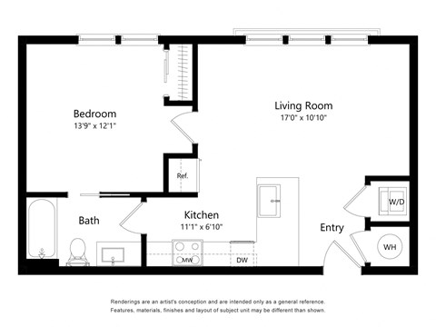Floor plan for 1 bed, 1 bath, 595 sqft